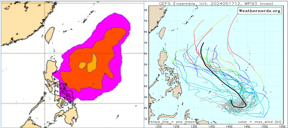 ▲▼最新(17日20時)歐洲(ECMWF)系集模式(左圖)及美國(GFES)系集模式(右圖)皆模擬，未來一週至10天，在菲律賓東方海面有「熱帶擾動」醞釀。（圖／三立準氣象.老大洩天機）