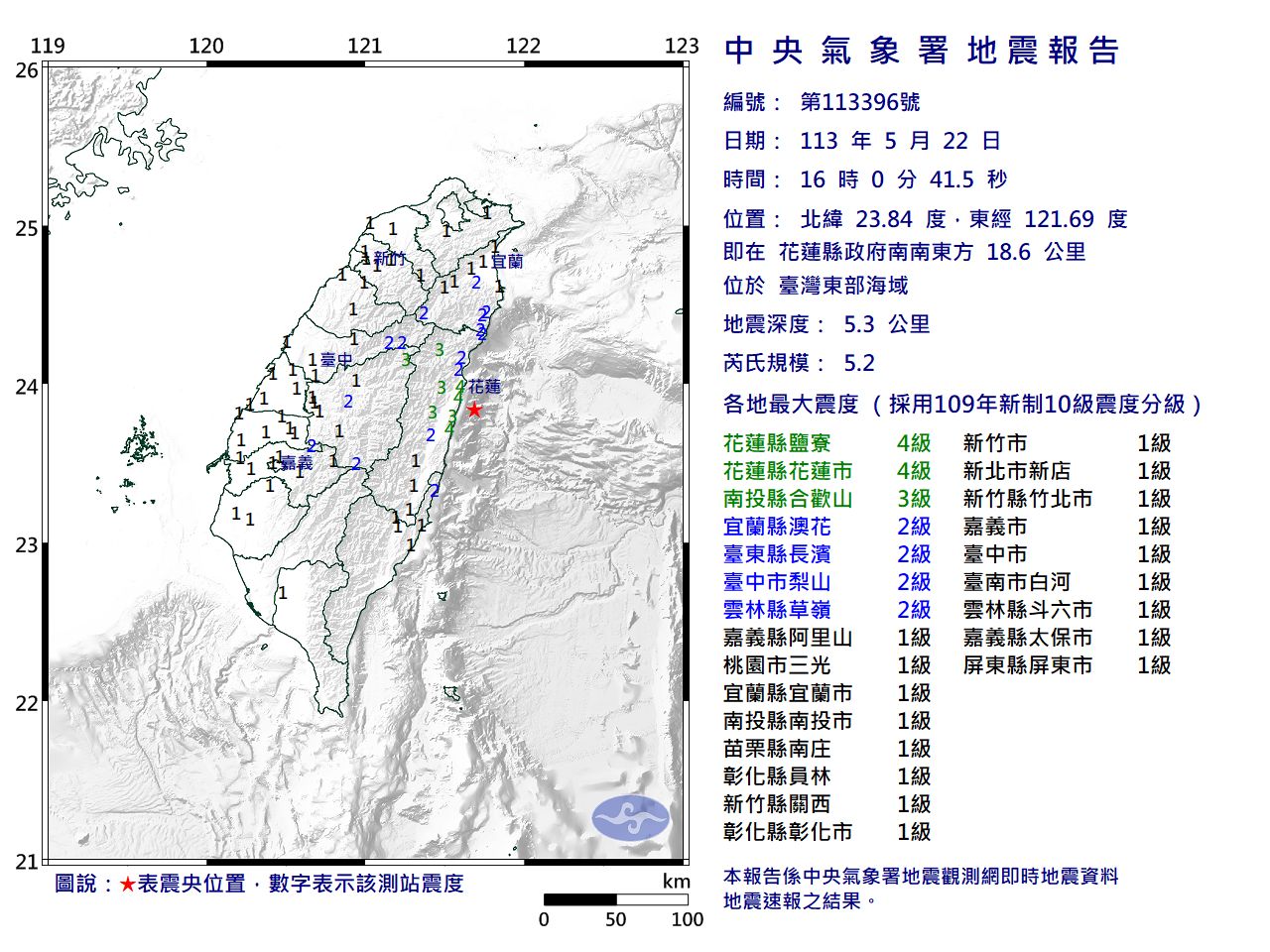 快訊／16:00台灣東部海域規模5.2「極淺層地震」　最大震度4級