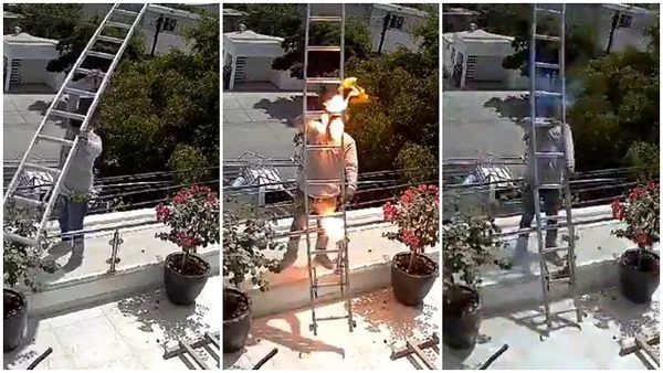 ▲▼男子拿梯子不慎觸碰到高壓電纜，觸電著火。（圖／翻攝自X）