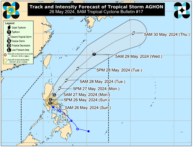 ▲▼菲律賓氣象局（PAGASA）5月26日上午8時發布的熱帶風暴「Aghon」預測。（圖／翻攝pagasa）
