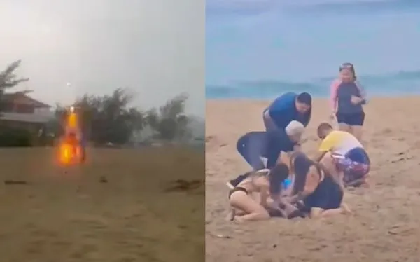 沙灘傳巨大爆炸聲！3童被閃電劈中　瞬間「仰面癱倒」畫面曝光。（圖／翻攝自X）