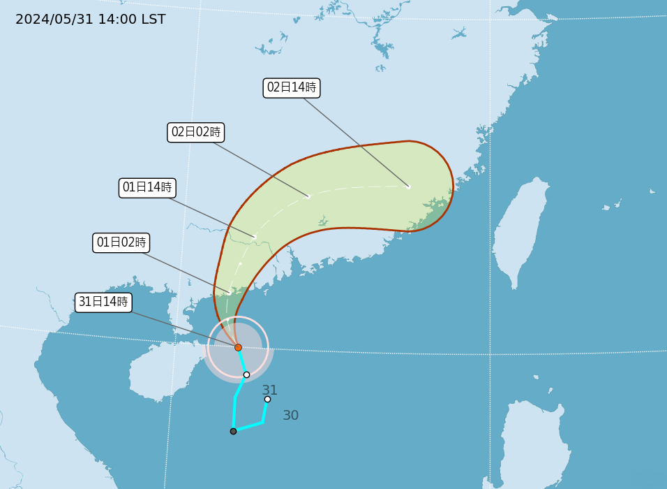 ▲▼馬力斯颱風5/31下午最新路徑預測。（圖／氣象署）
