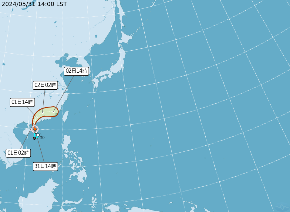 ▲▼馬力斯颱風5/31下午最新路徑預測。（圖／氣象署）