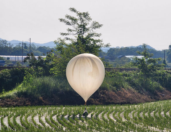 ▲▼南韓一處稻田上空出現了一個據信是北韓發射的氣球，上面載有各種物體，包括看似垃圾和排泄物的東西。（圖／路透）
