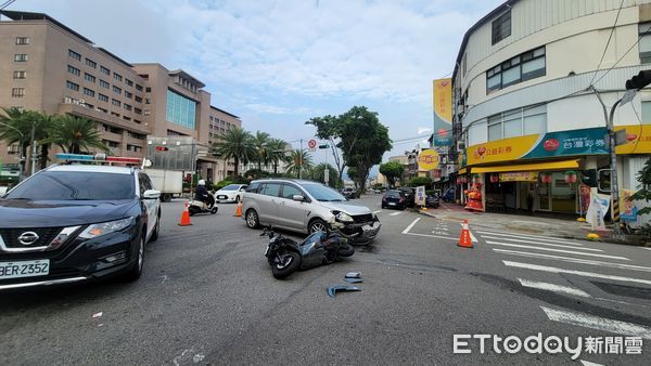 ▲▼汽機車遇路口黃燈互不相讓，騎士被撞飛重摔倒地。（圖／民眾提供，下同）