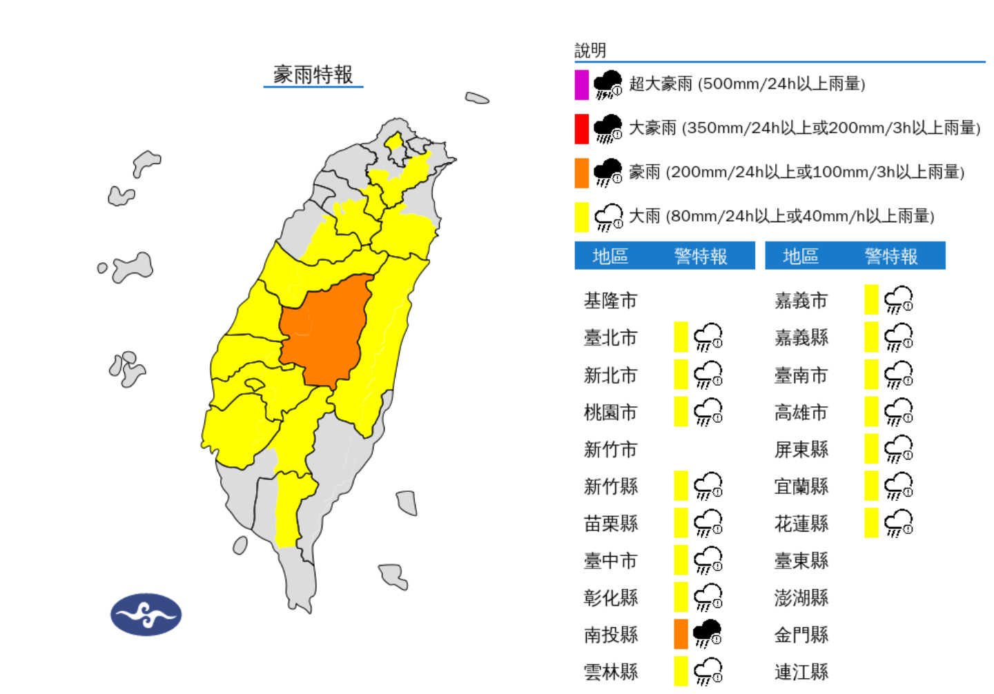 ▲▼16縣市豪大雨特報。（圖／氣象署提供）