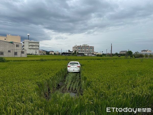 ▲▼ 轎車原本要右轉，卻直直往前開衝落稻田。（圖／記者楊永盛翻攝）