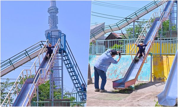 ▲▼京島南公園東京親子景點，隱藏版東京最刺激免費3層樓高溜滑梯，一望無際合照晴空塔絕美景點。（圖/橘子狗提供）