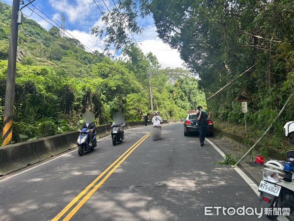 ▲▼行車記錄器拍下貨車勾到竹子後反彈，警方到場查看事故原因             。（圖／記者陳以昇翻攝）