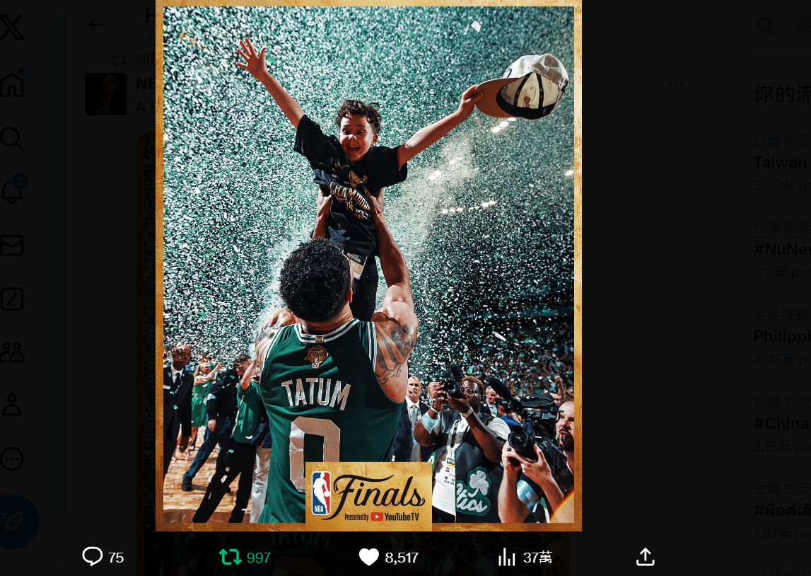 ▲▼NBA封王戰最動人畫面，塞爾提克一哥坦圖將6歲兒子舉到空中一起慶祝奪冠。（圖／翻攝自X／NBA）