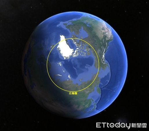 ▲夏至由北極上空所見地球，北緯66.5度以北的北極圈區域皆在永晝範圍內。（圖／台北市立天文館提供）