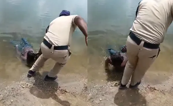 男漂在池塘5個小時　警察上前拖屍「突然坐起來」驚悚畫面曝光。（圖／翻攝自X）