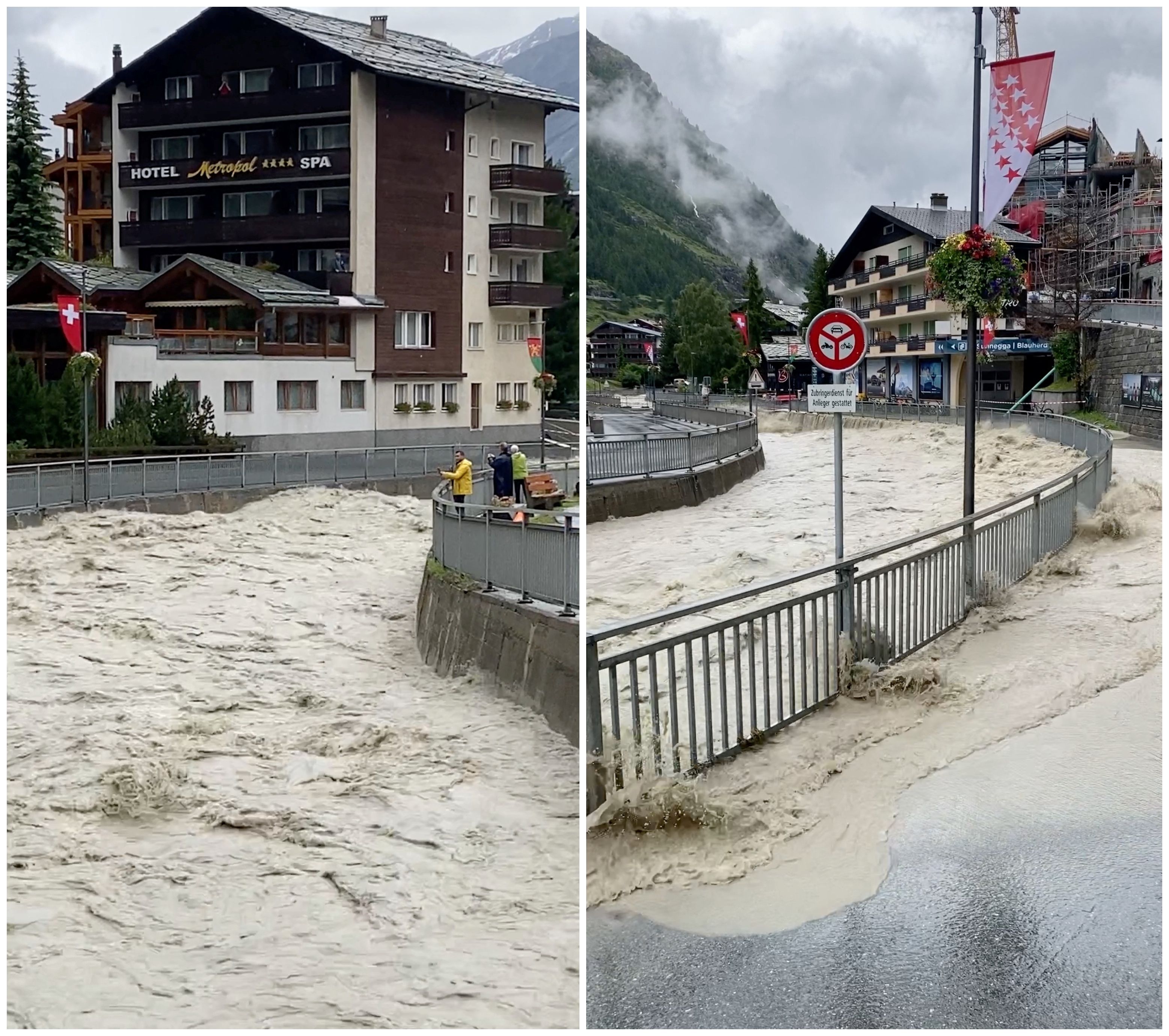 ▲▼瑞士馬特洪峰山腳下的滑雪勝地策馬特（Zermatt）被洪水淹沒。（圖／路透）