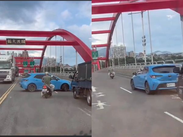 ▲▼一輛藍色轎車在關渡橋上大迴轉，             。（圖／翻攝自臉書細說淡水）