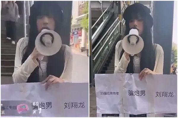 中國一名正妹相當勇敢，拿著大聲公在某所校園陳述自己遭性侵的經歷。（翻攝自微博）