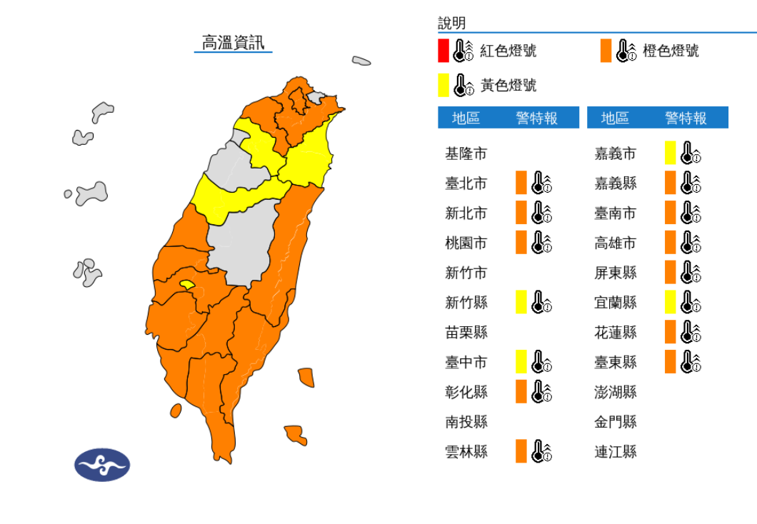 ▲▼15縣市亮高溫燈號。（圖／氣象署提供）