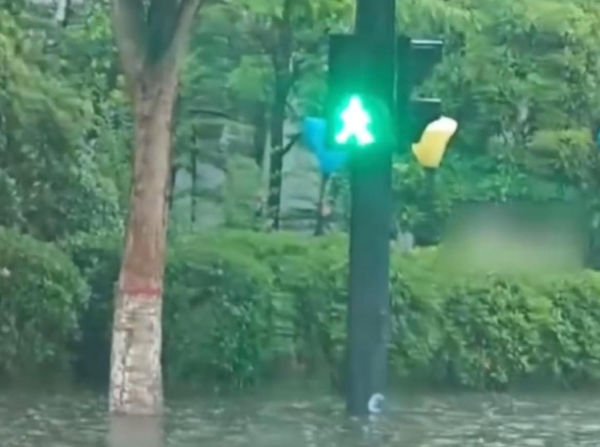 ▲水淹到紅綠燈柱的一半。（圖／翻攝自微博）