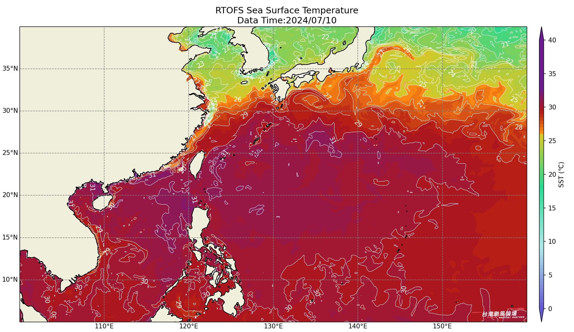 ▲▼最新海溫圖曝光。（圖／翻攝自Facebook／台灣颱風論壇｜天氣特急）