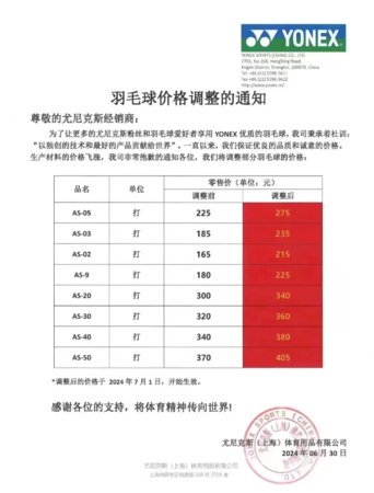 ▲YONEX發布的調漲公告。（圖／翻攝自微博）