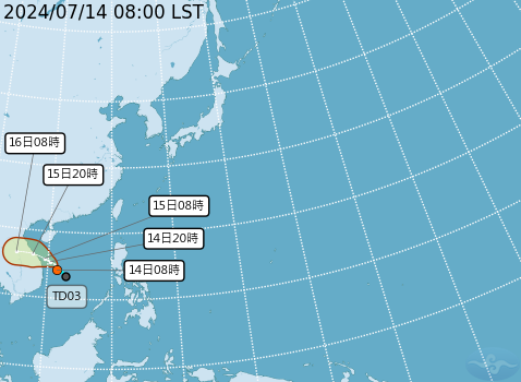 ▲▼「熱帶性低氣壓TD03」生成，預估未來往西方向移動，預估對台灣沒有影響。（圖／氣象署提供） 