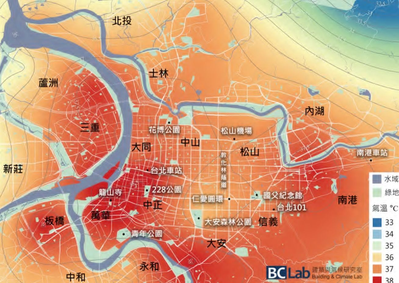 ▲▼台北熱島分布圖，統計時間為2023年7月8日13時。（圖／建築與氣候研究室）