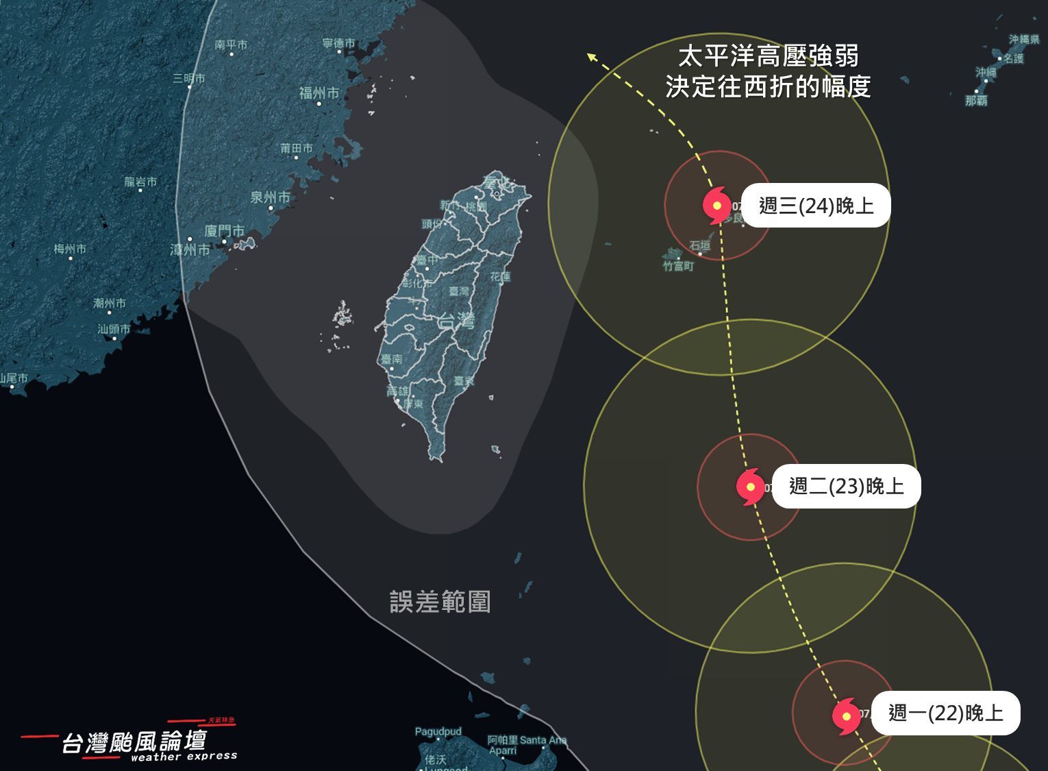 ▲▼準颱風預測路徑。（圖／台灣颱風論壇｜天氣特急）