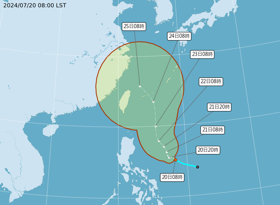 ▲▼準「凱米」颱風上午8時最新位置及路徑預測 。（圖／氣象署提供）