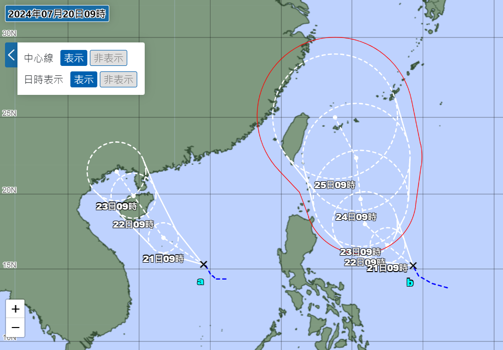▲▼日氣象廳預測「最快24小時內」雙颱共舞　最新路徑曝：一路北上。（圖／取自日本氣象廳）