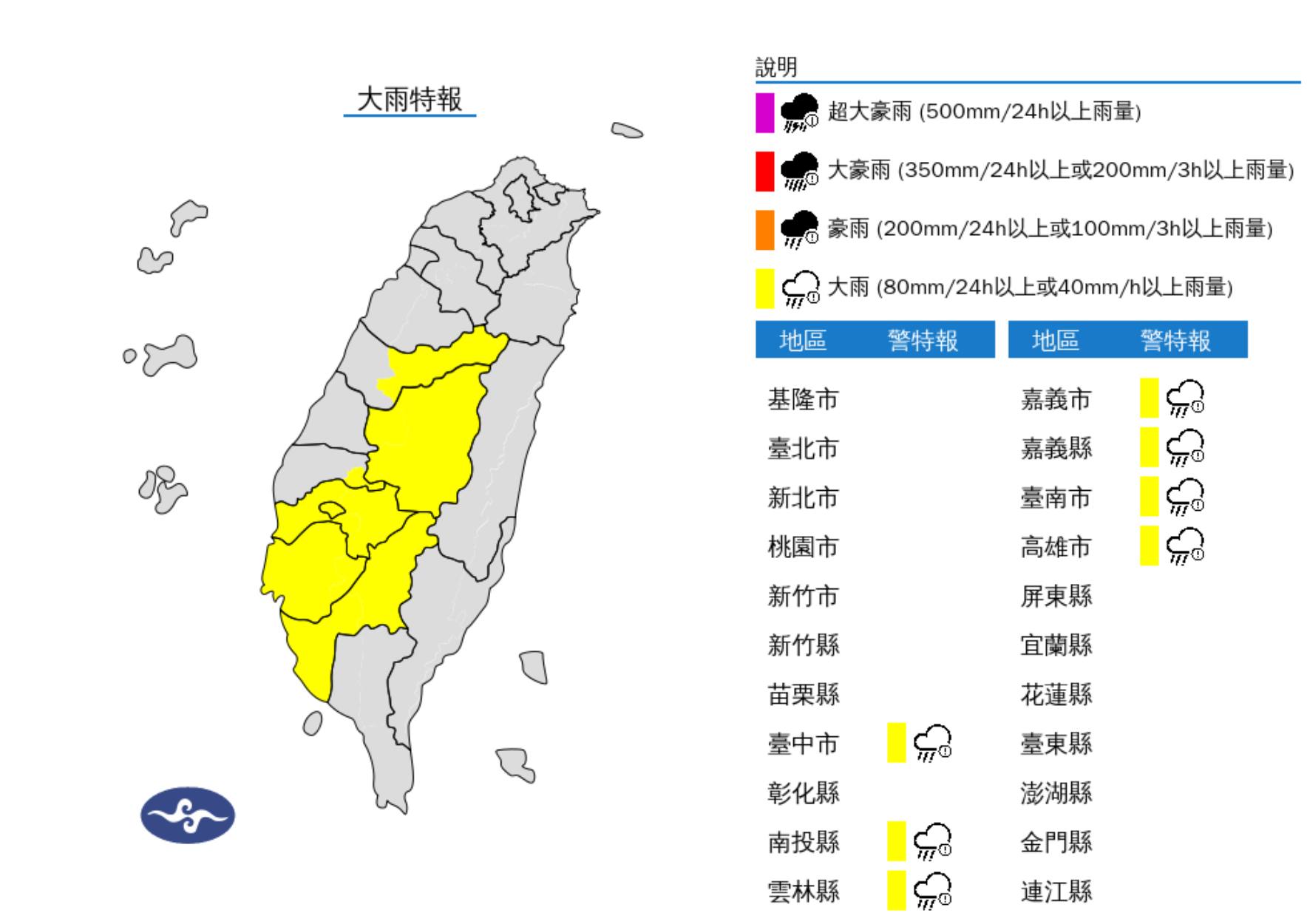 ▲▼7縣市大雨特報。（圖／氣象署提供）