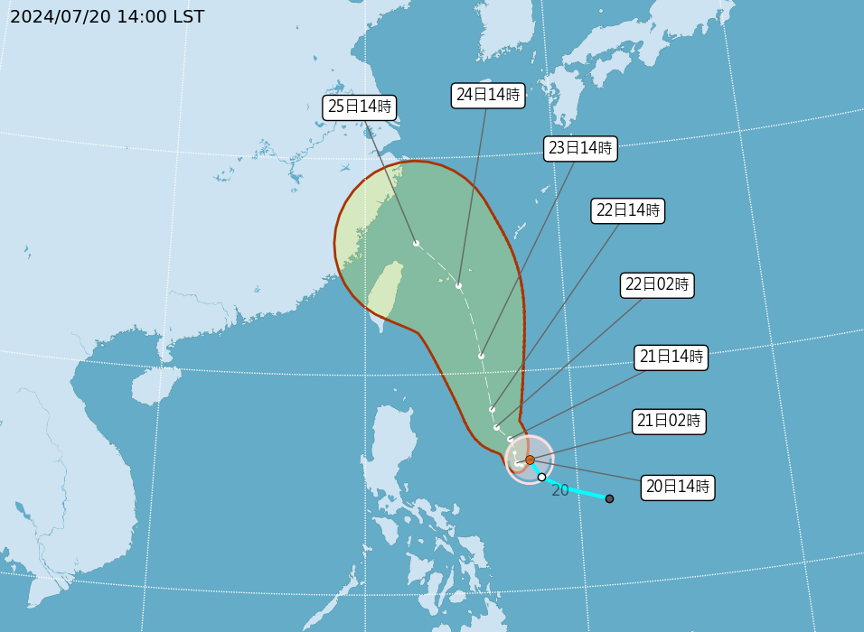 ▲▼凱米颱風下午2時最新位置及預測路徑。（圖／氣象署提供）