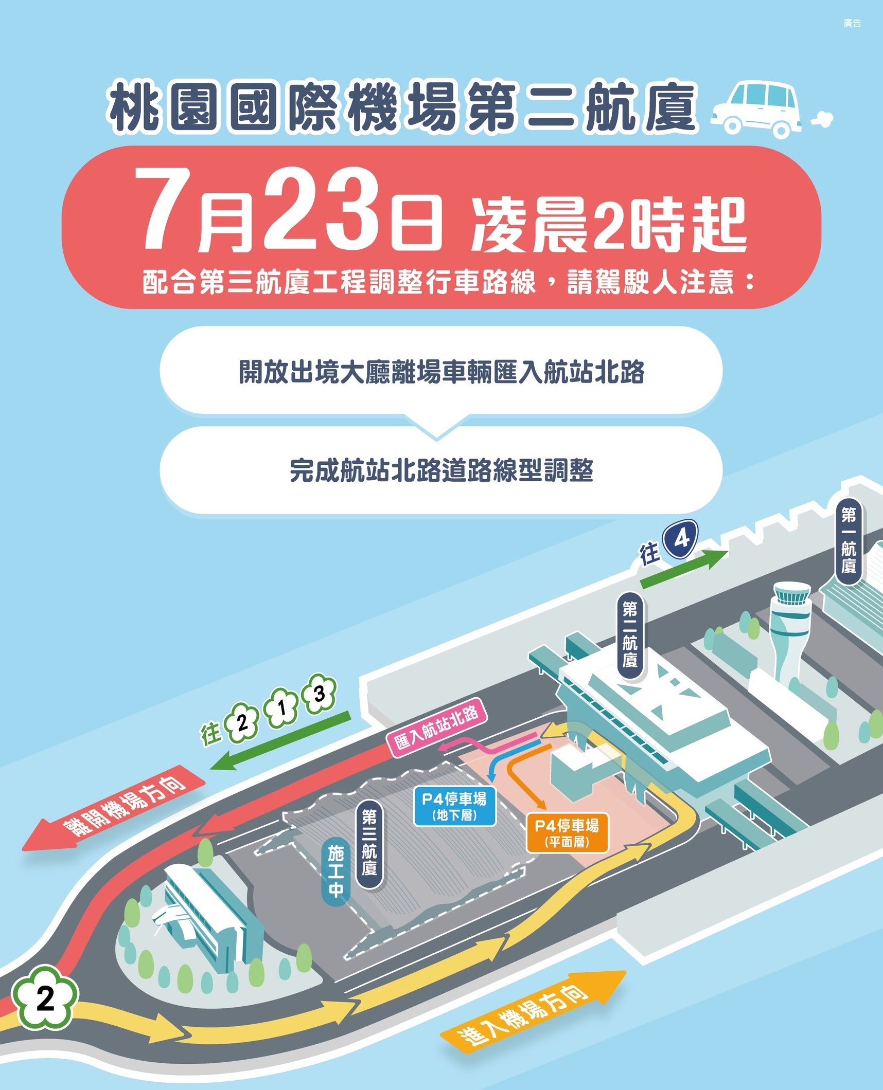 ▲▼第二航廈3樓出境層離場車輛，7月23日起直接匯入航站北路。（圖／桃機公司提供）