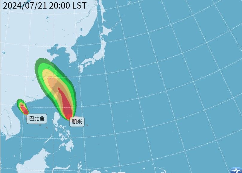 ▲▼07月21日20時雙颱風路徑預測。（圖／中央氣象署）