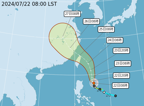 ▲▼凱米颱風預測路徑及暴風圈侵襲機率。（圖／氣象署提供）