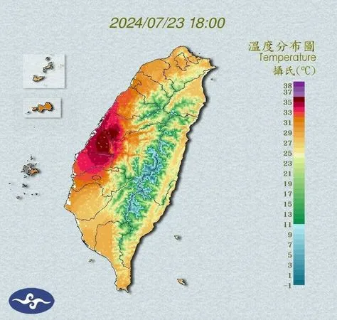 ▲彰化縣傍晚氣溫一片紅通通。（圖／翻攝自中央氣象署）