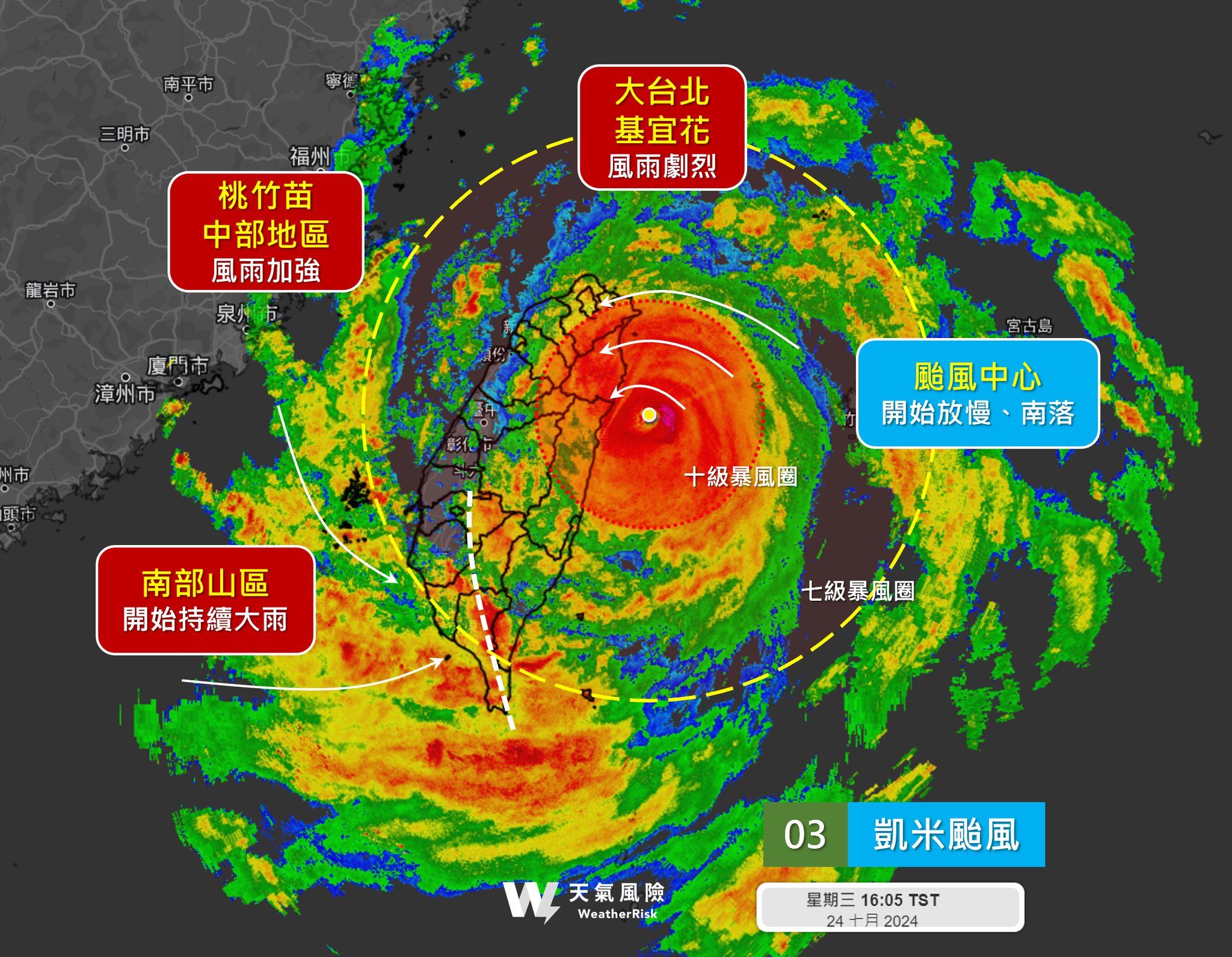 ▲▼凱米颱風10級風暴圈進入宜花、大台北陸地。（圖／翻攝天氣風險 WeatherRisk臉書）