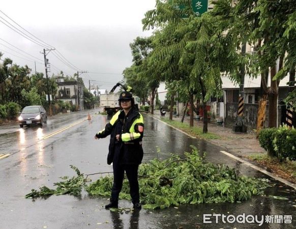 ▲枋寮警分局石光見派出所長陳志宇及警員陳昱安、陳秉凡迅速清除路樹            。（圖／記者陳崑福翻攝）