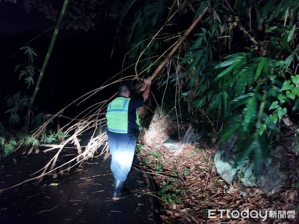 ▲▼花蓮靠近山邊地區，多處的路樹禁不起強大風雨的侵襲而倒塌，員警冒著風雨徒手清除，維持交通順暢。（圖／吉安警分局提供，下同）