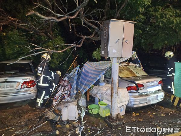 ▲苗栗市東嶽大帝廟旁今晚9點多，發生枯木壓毀轎車，一名以車為家女街友一度受困。（圖／記者楊永盛攝）