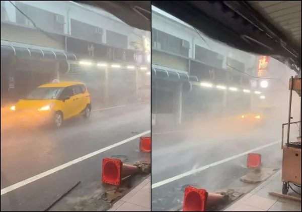 ▲▼花蓮狂風暴雨垃圾滿天飛　計程車逆風載客「被吹倒退」。（圖／翻攝自threads）