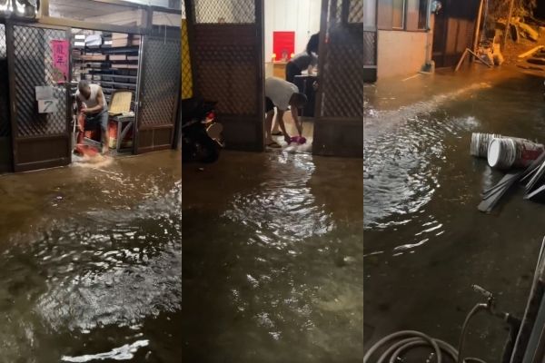 水淹進住家，花蓮居民深夜忙舀水。（圖／翻攝自Facebook／花蓮同鄉會）