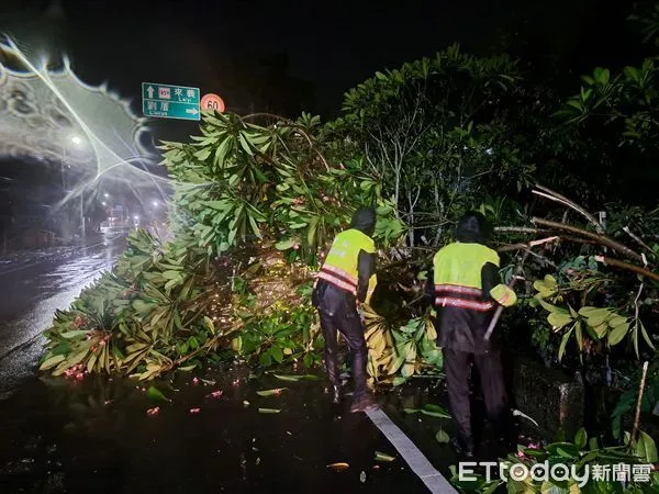 ▲潮州警分局員警清除倒塌路樹             。（圖／記者陳崑福翻攝）