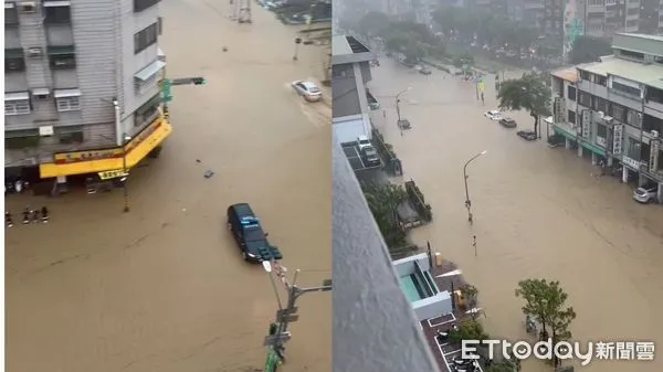 ▲高雄市鼓山分局周邊道路也淹水，被民眾說是分局受困             。（圖／記者吳奕靖翻攝）