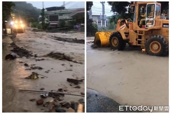 ▲信義鄉台21線台電服務所前路段爆土石流、影響車輛出勤搶修復電。（圖／台電南投區處提供，下同）