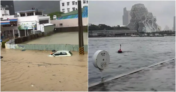 淹水災情不斷傳出，高雄鼓山區驚見車輛整台泡在泥水中幾乎快滅頂，愛河水位暴漲外溢，導致高雄流行音樂中心一片汪洋，高雄市慘淹成「水鄉澤國」。（圖／翻攝自Threads）