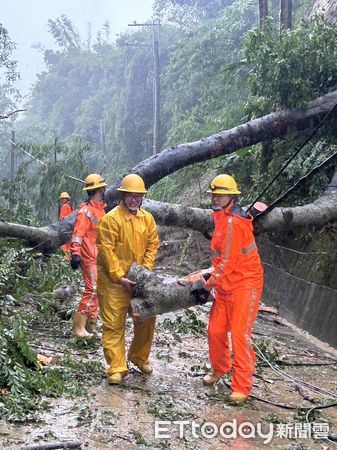 ▲台南市因凱米颱風導致高壓斷線及開關故障，造成目前東山區等8區一帶共8493戶停電，累積曾停電戶數達54439戶，台電正積極搶修中。（圖／記者林東良翻攝，下同）