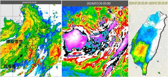 ▲▼今(26)日5時雷達回波合成圖顯示，「凱米」登陸大陸後，螺旋雨帶也已減弱逐漸消散，西南風受地形抬升而產生的強回波消消長長(左圖)。5時紅外線雲圖顯示，濃密的卷層雲覆蓋(又稱砧狀雲)，不再連成一大片(中圖)。截至5時累積雨量圖顯示，西南部山區仍有明顯降雨(右圖)。（圖／三立準氣象.老大洩天機）