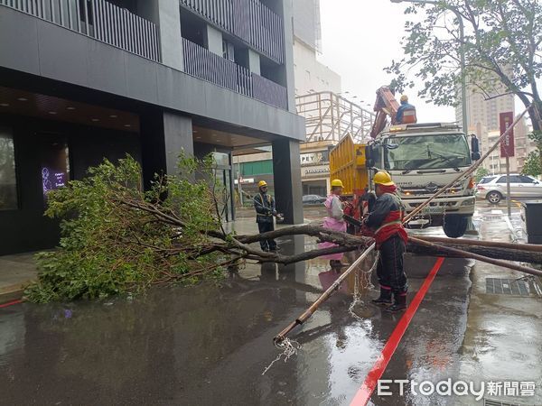 ▲凱米颱風強襲，台南市全區至26日下午2時為止，行道樹倒伏885株、道路破損24件、廣告物99件及圍籬倒塌69件等災情，經工務局全力處理已復原近9成。（圖／記者林東良翻攝，下同）