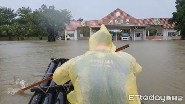 ▲凱米颱風帶來的充沛雨量，台南頑皮世界野生動物園也被大水包圍，保育員還是涉水步行或乘坐竹筏，進入園區照顧園內動物們。（圖／記者林東良翻攝，下同）