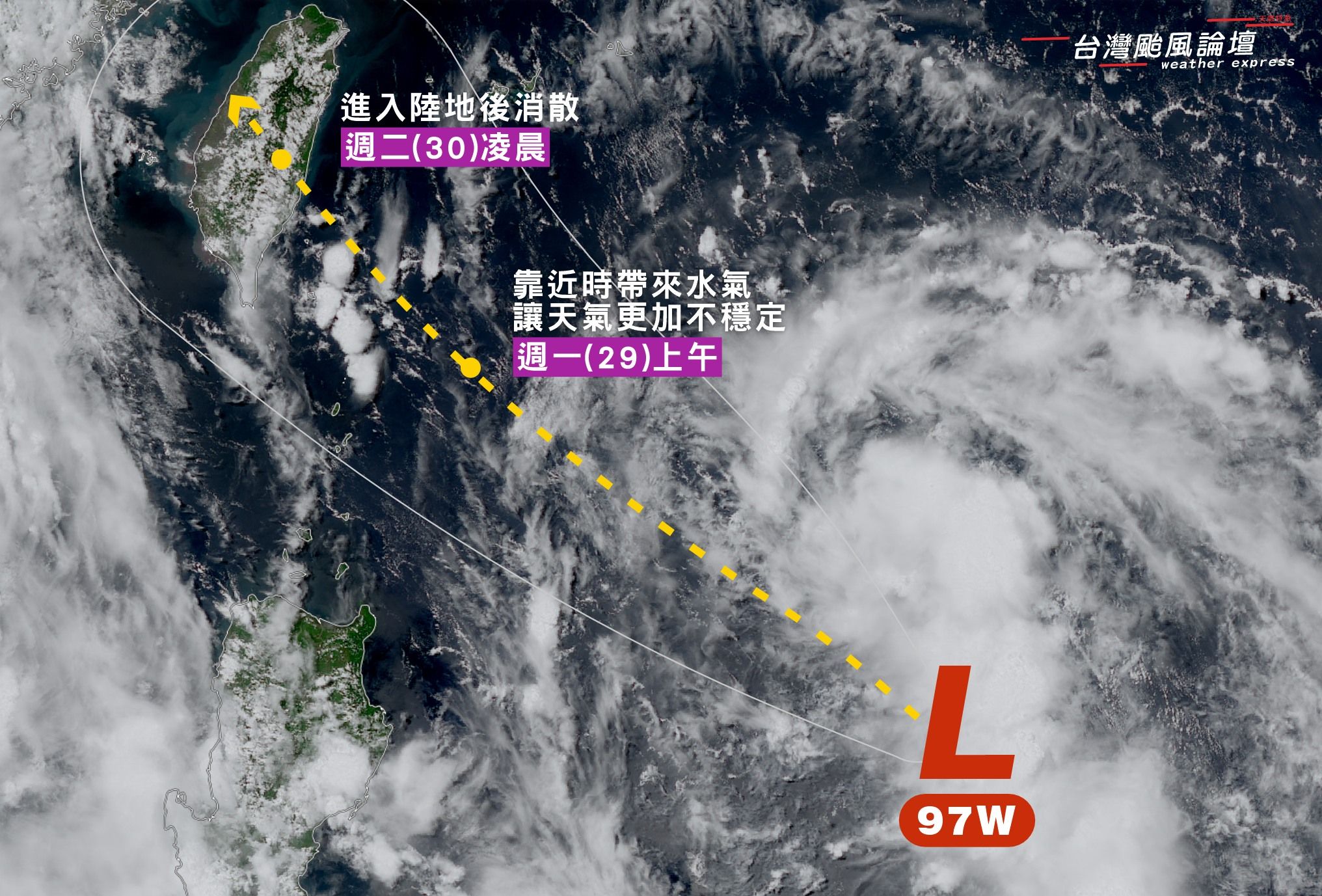 ▲▼熱帶擾動97W增強為颱風的機率低，頂多靠近時可能成為熱帶低壓。（圖／翻攝台灣颱風論壇｜天氣特急臉書）