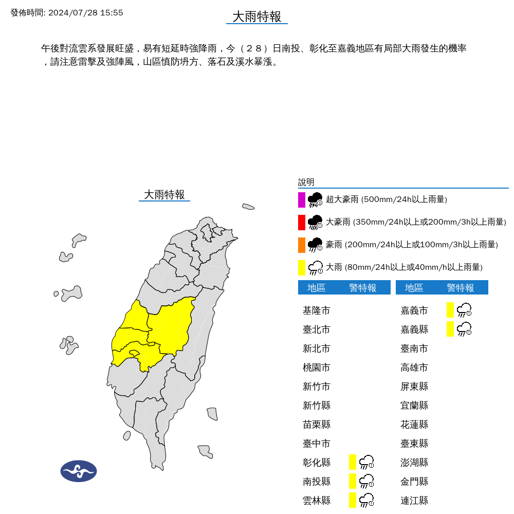 ▲▼5縣市發布大雨特報。（圖／氣象署提供）